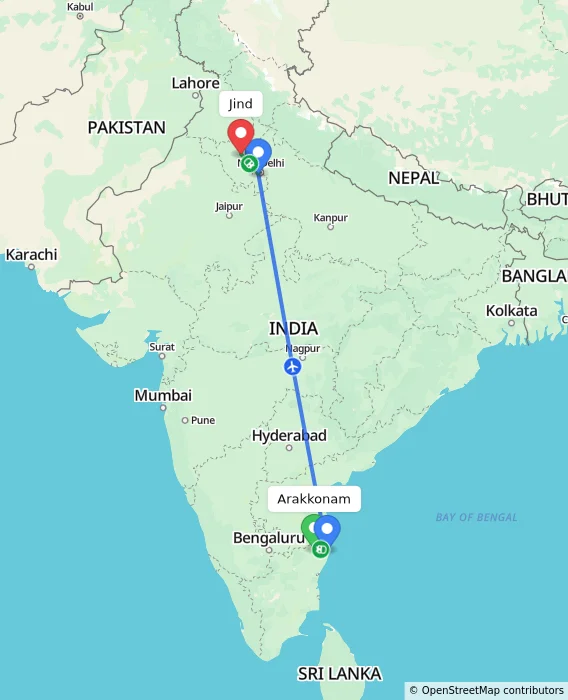 Route map showing distance and travel time from Arakkonam, India to Jind, India
