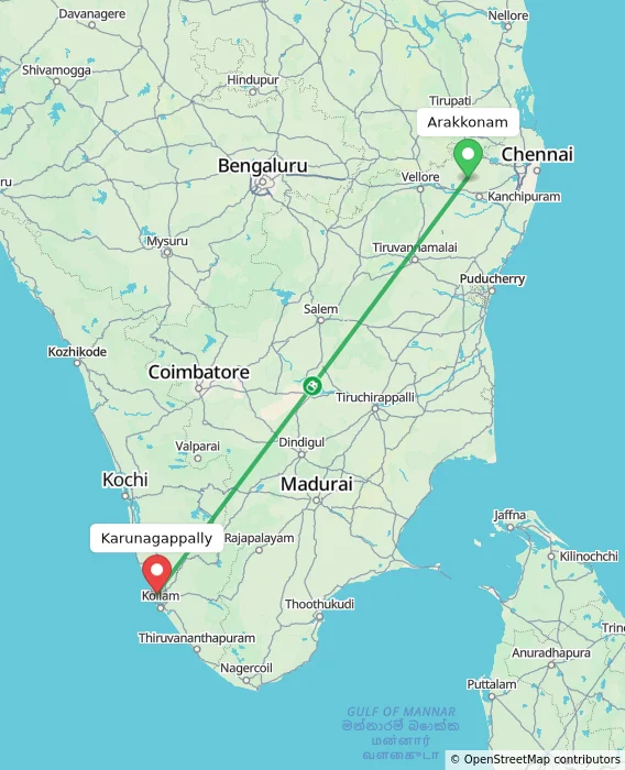 Route map showing distance and travel time from Arakkonam, India to Karunagappally, India