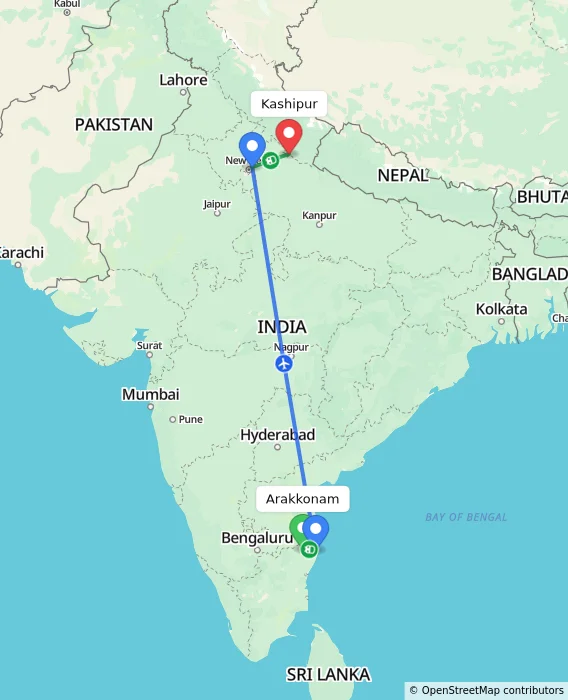Route map showing distance and travel time from Arakkonam, India to Kashipur, India