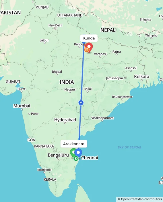 Route map showing distance and travel time from Arakkonam, India to Kunda, India