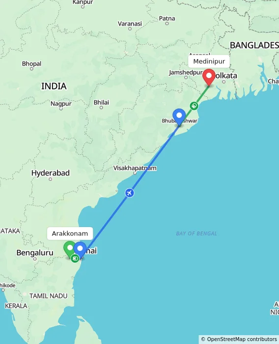 Route map showing distance and travel time from Arakkonam, India to Medinipur, India