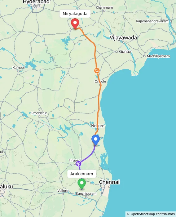 Route map showing distance and travel time from Arakkonam, India to Miryalaguda, India