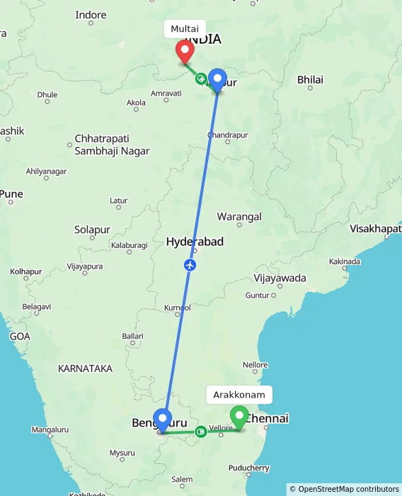 Route map showing distance and travel time from Arakkonam, India to Multai, India