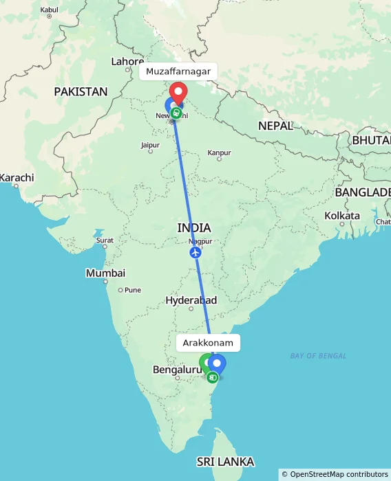 Route map showing distance and travel time from Arakkonam, India to Muzaffarnagar, India