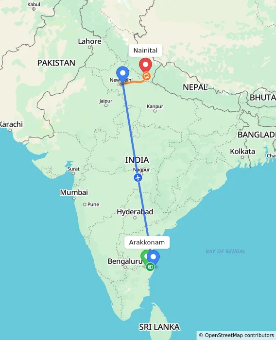 Route map showing distance and travel time from Arakkonam, India to Nainital, India
