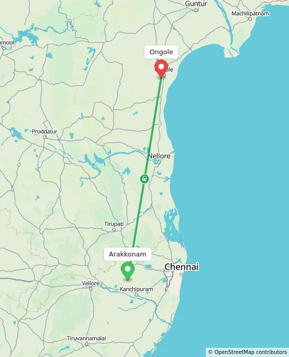 Route map showing distance and travel time from Arakkonam, India to Ongole, India