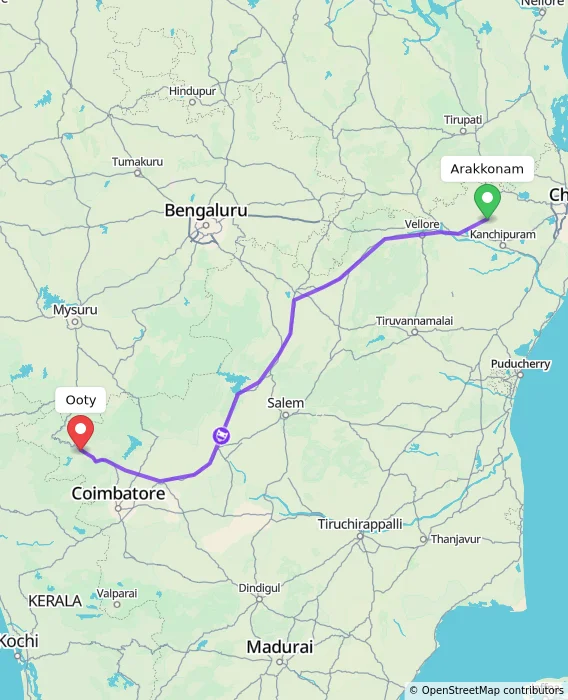 Route map showing distance and travel time from Arakkonam, India to Ooty, India