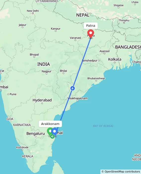 Route map showing distance and travel time from Arakkonam, India to Patna, India