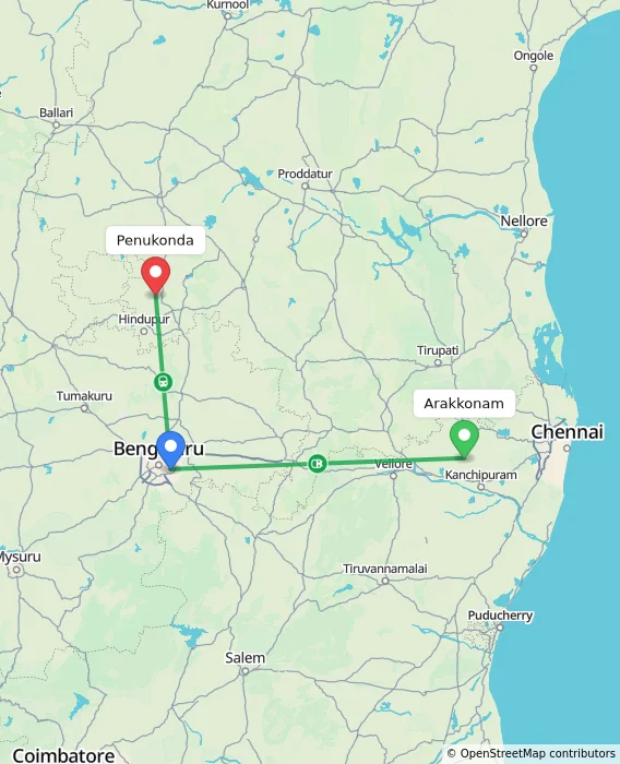 Route map showing distance and travel time from Arakkonam, India to Penukonda, India
