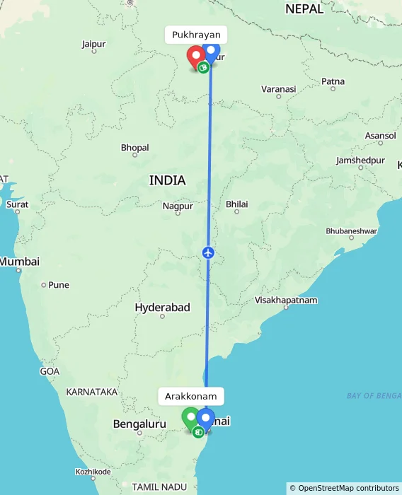 Route map showing distance and travel time from Arakkonam, India to Pukhrayan, India
