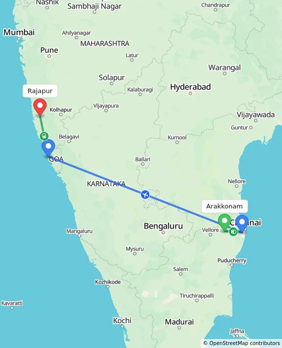 Route map showing distance and travel time from Arakkonam, India to Rajapur, India