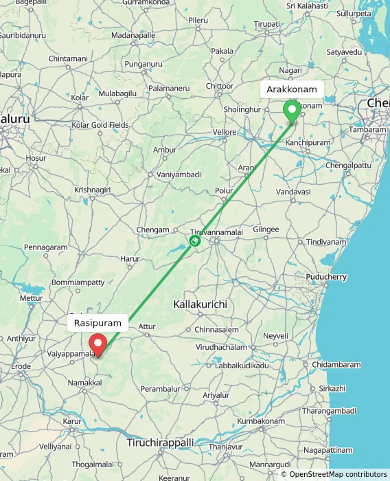Route map showing distance and travel time from Arakkonam, India to Rasipuram, India