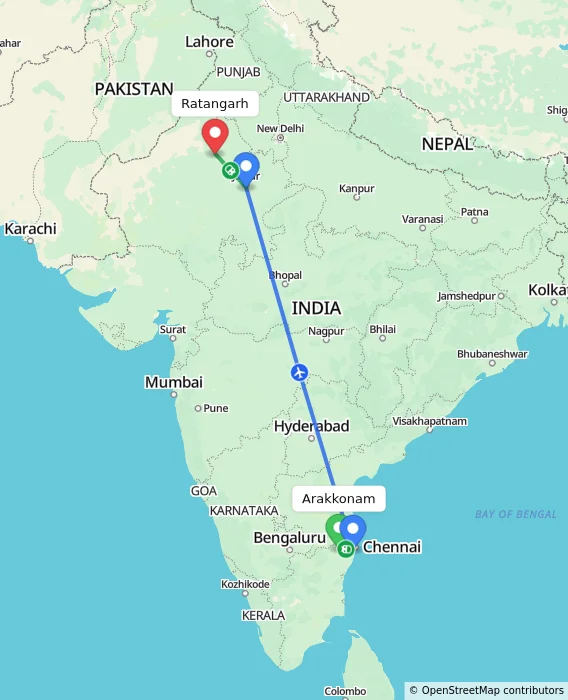 Route map showing distance and travel time from Arakkonam, India to Ratangarh, India