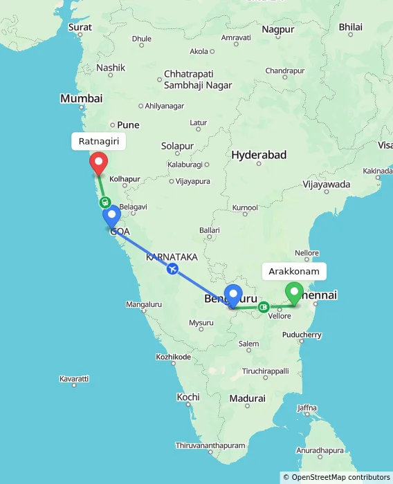 Route map showing distance and travel time from Arakkonam, India to Ratnagiri, India