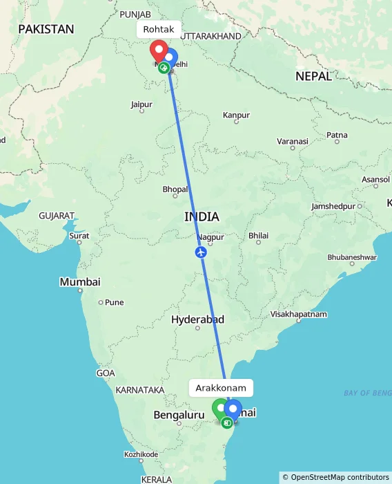 Route map showing distance and travel time from Arakkonam, India to Rohtak, India