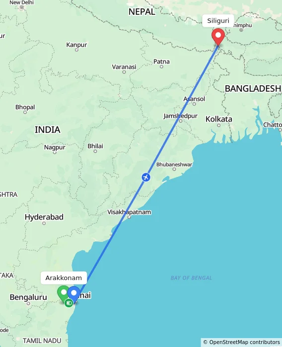 Route map showing distance and travel time from Arakkonam, India to Siliguri, India