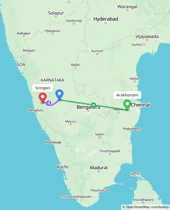 Route map showing distance and travel time from Arakkonam, India to Sringeri, India