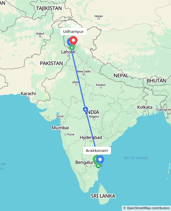 Route map showing distance and travel time from Arakkonam, India to Udhampur, India