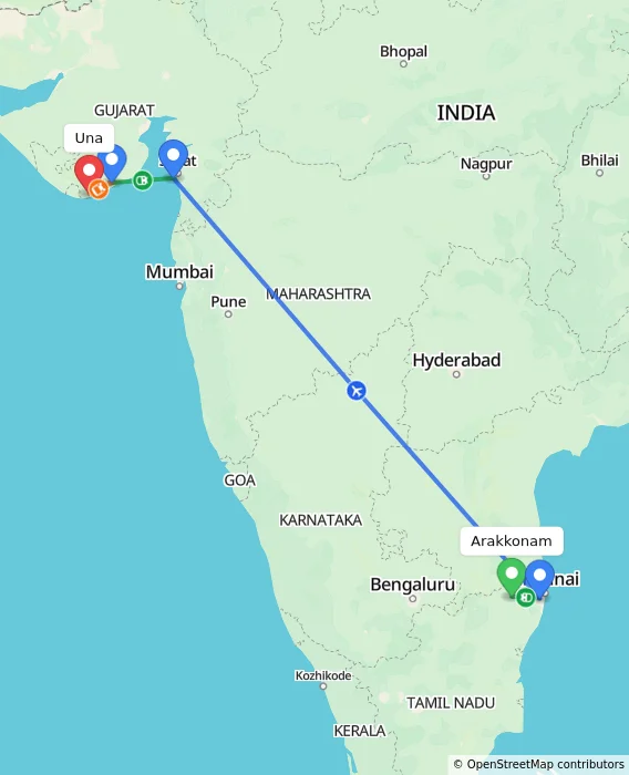 Route map showing distance and travel time from Arakkonam, India to Una, India