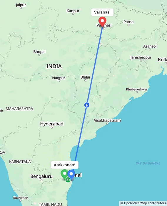 Route map showing distance and travel time from Arakkonam, India to Varanasi, India