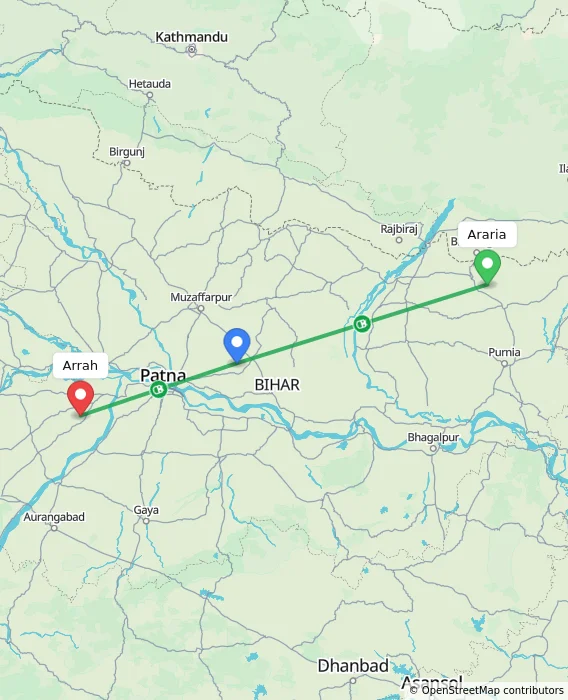Route map showing distance and travel time from Araria, India to Arrah, India