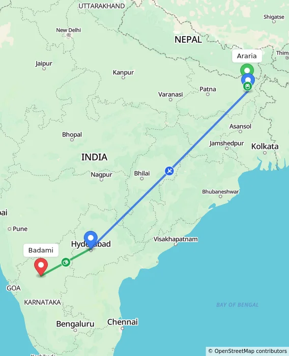 Route map showing distance and travel time from Araria, India to Badami, India