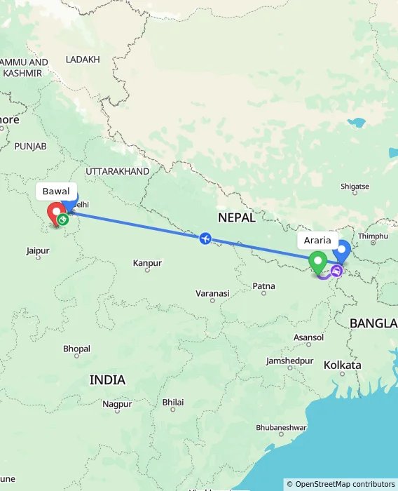 Route map showing distance and travel time from Araria, India to Bawal, India