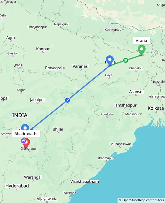 Route map showing distance and travel time from Araria, India to Bhadravathi, India