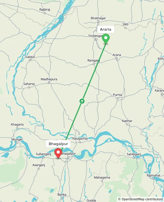 Route map showing distance and travel time from Araria, India to Bhagalpur, India