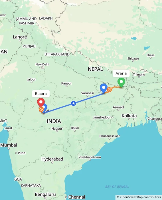 Route map showing distance and travel time from Araria, India to Biaora, India