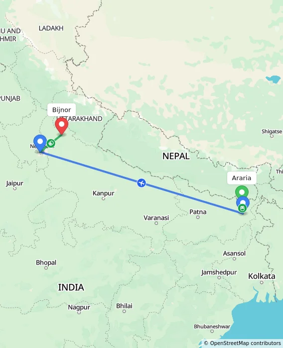 Route map showing distance and travel time from Araria, India to Bijnor, India
