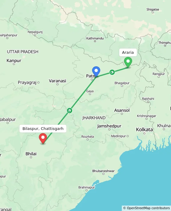Route map showing distance and travel time from Araria, India to Bilaspur, Chattisgarh, India