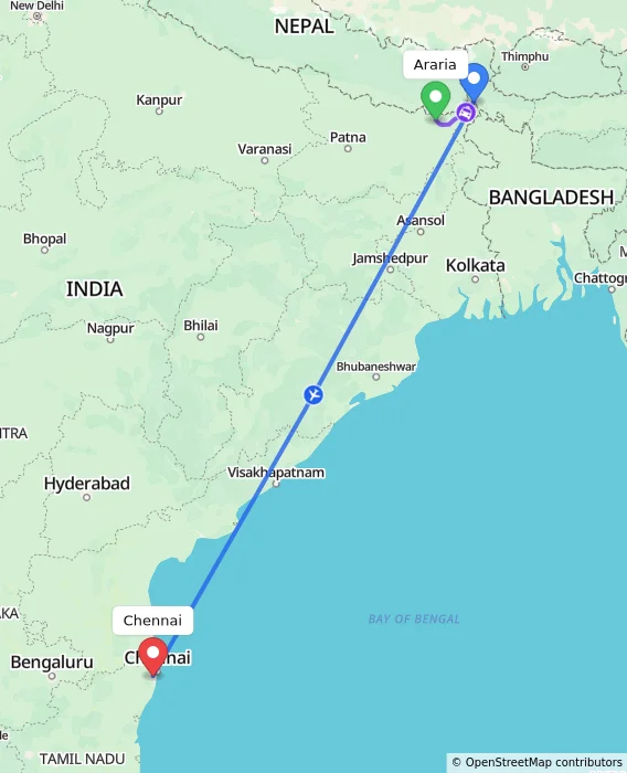 Route map showing distance and travel time from Araria, India to Chennai, India