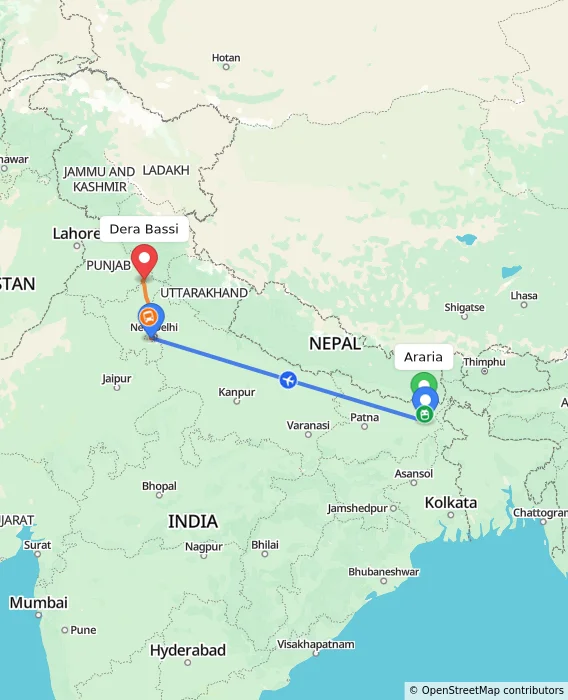 Route map showing distance and travel time from Araria, India to Dera Bassi, India