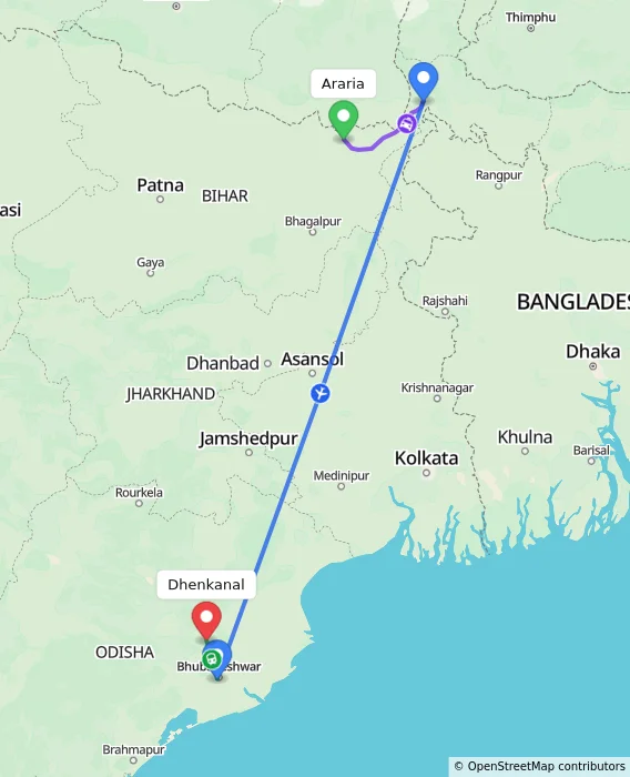 Route map showing distance and travel time from Araria, India to Dhenkanal, India