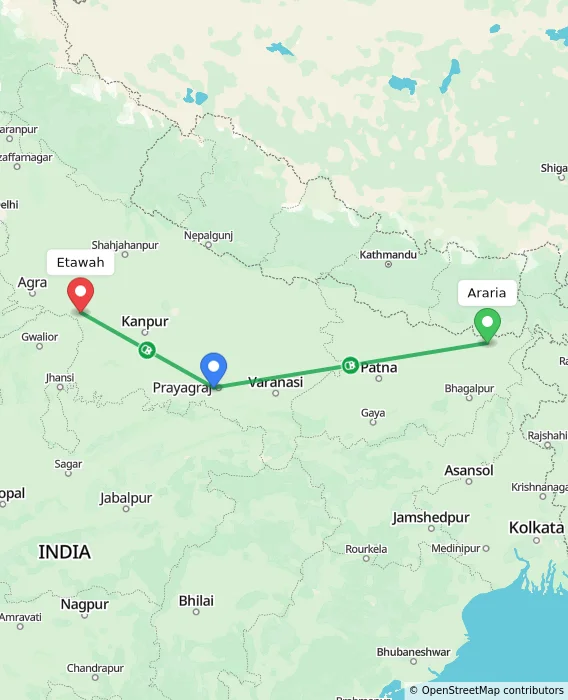 Route map showing distance and travel time from Araria, India to Etawah, India