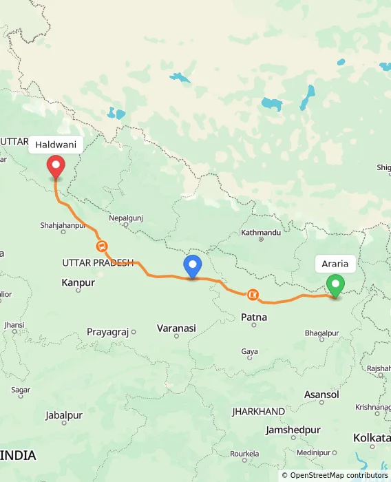 Route map showing distance and travel time from Araria, India to Haldwani, India