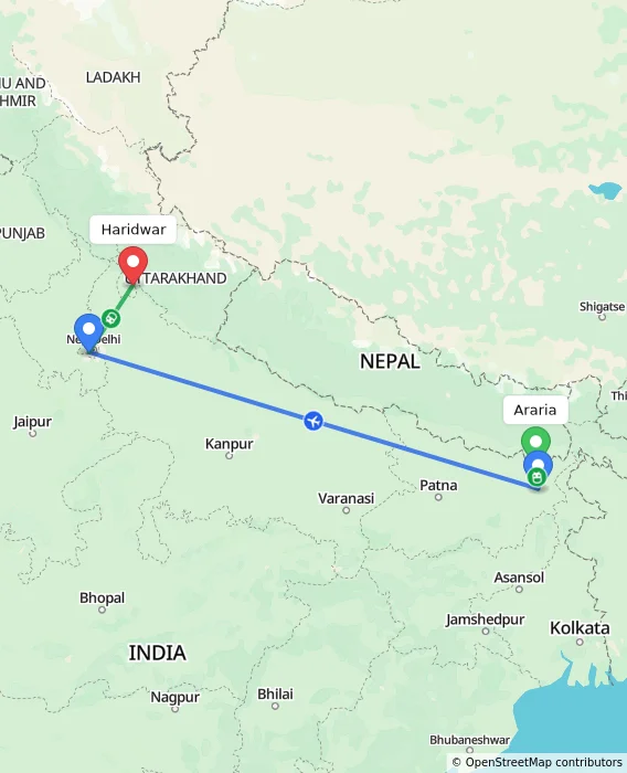 Route map showing distance and travel time from Araria, India to Haridwar, India