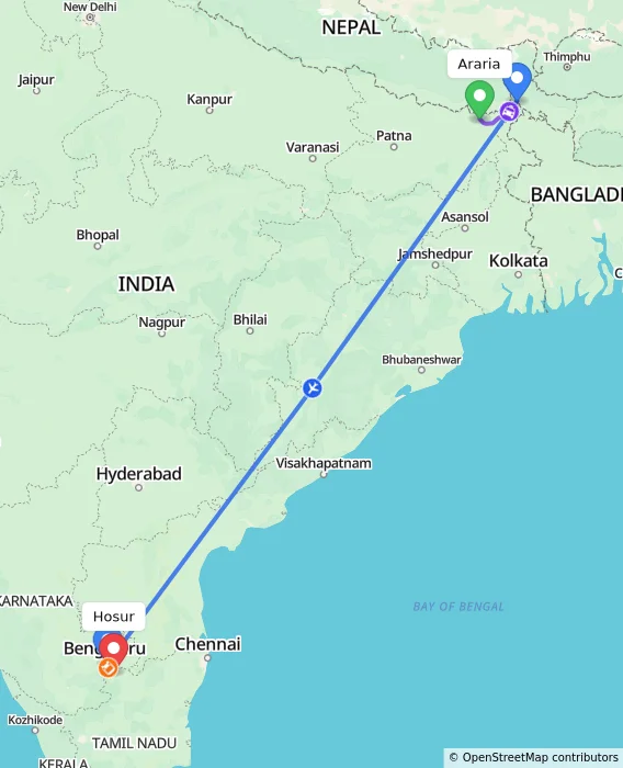 Route map showing distance and travel time from Araria, India to Hosur, India