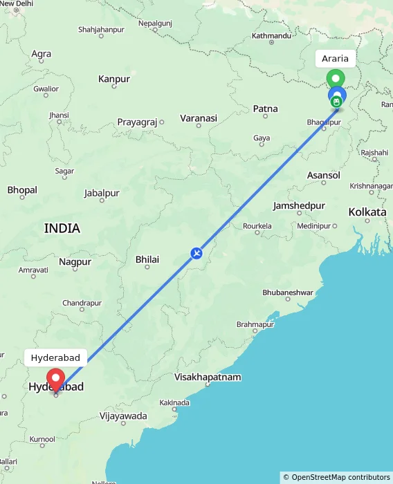 Route map showing distance and travel time from Araria, India to Hyderabad, India