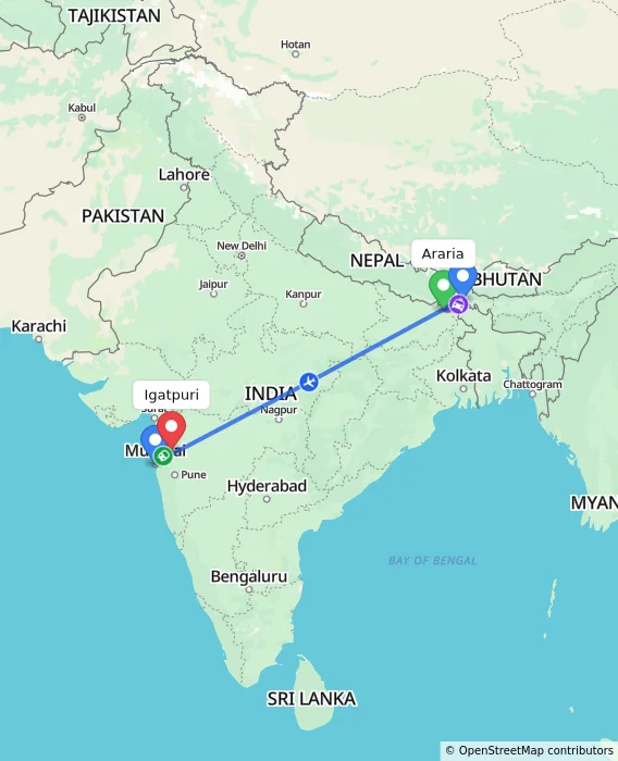 Route map showing distance and travel time from Araria, India to Igatpuri, India