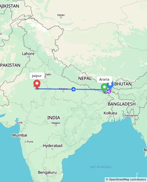 Route map showing distance and travel time from Araria, India to Jaipur, India