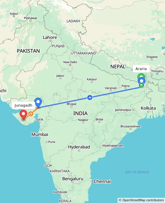 Route map showing distance and travel time from Araria, India to Junagadh, India