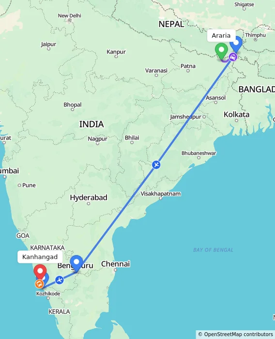 Route map showing distance and travel time from Araria, India to Kanhangad, India