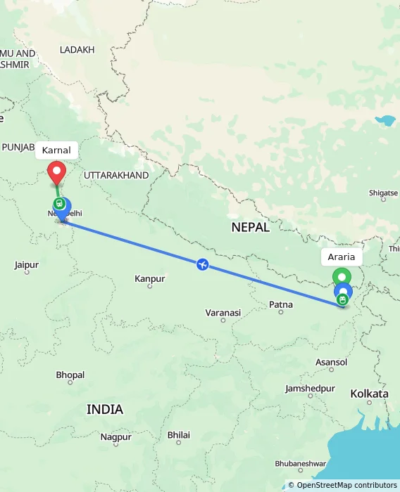 Route map showing distance and travel time from Araria, India to Karnal, India