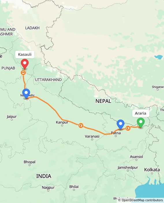 Route map showing distance and travel time from Araria, India to Kasauli, India