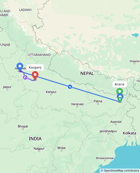 Route map showing distance and travel time from Araria, India to Kasganj, India