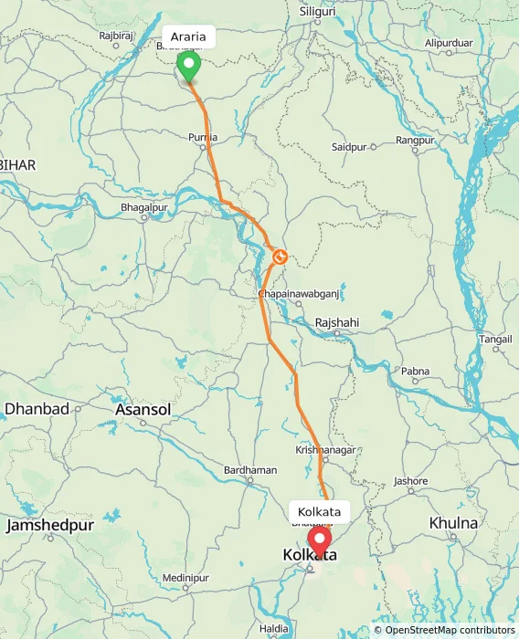 Route map showing distance and travel time from Araria, India to Kolkata, India