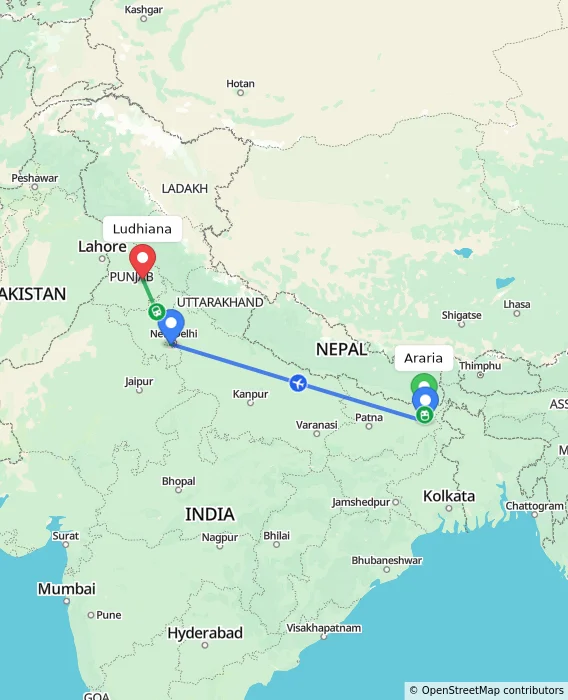 Route map showing distance and travel time from Araria, India to Ludhiana, India