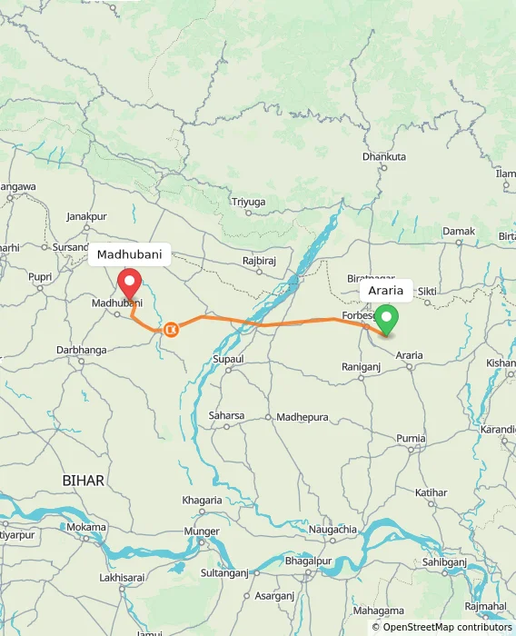 Route map showing distance and travel time from Araria, India to Madhubani, India